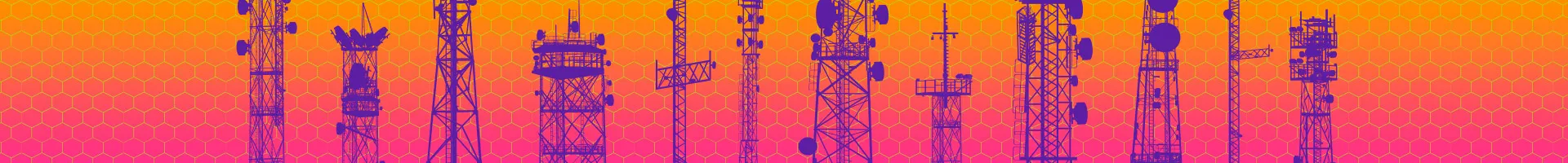 Wide banner with purple radio tower silhouettes over an orange-to-pink hexagon pattern