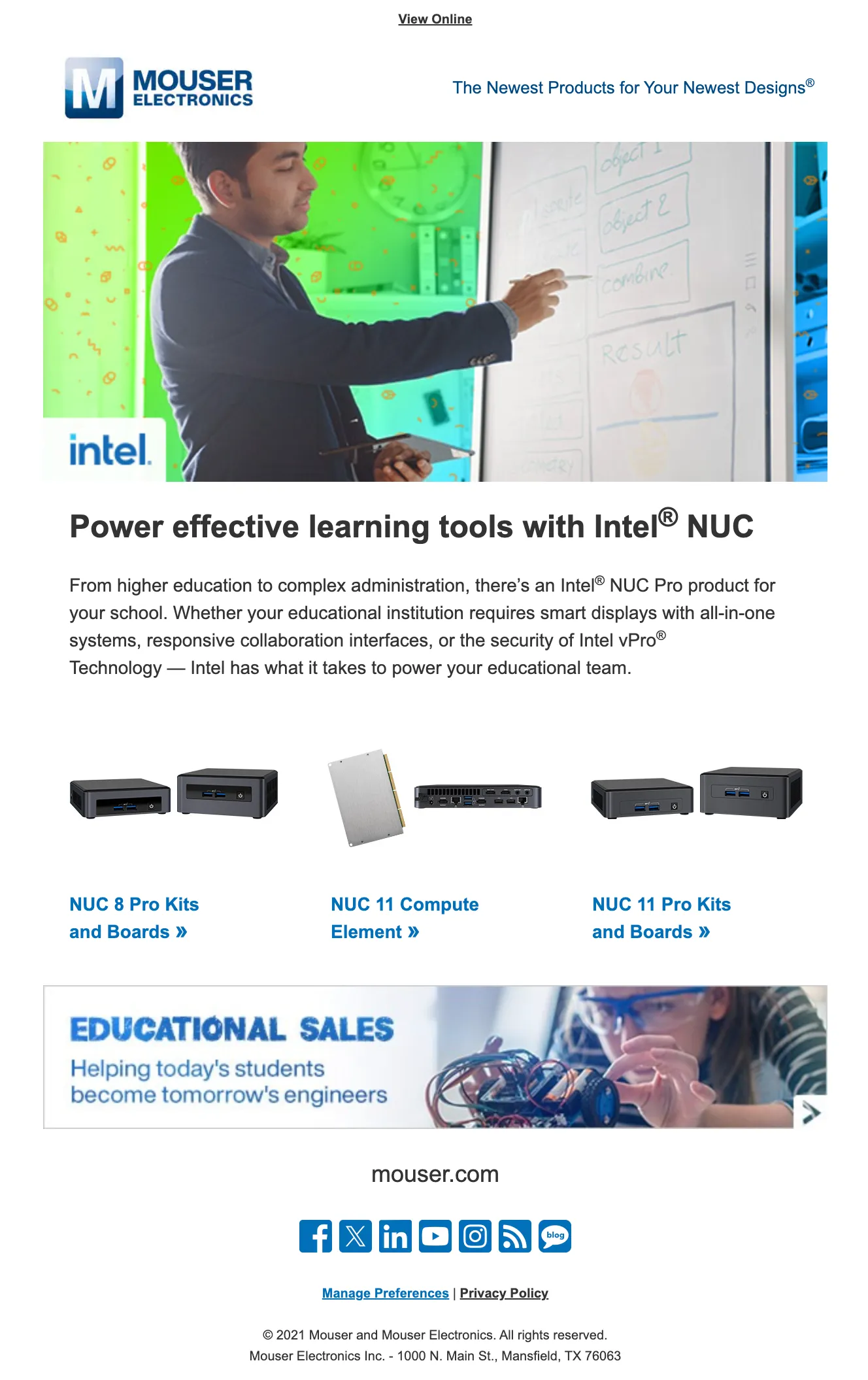Email with a hero photo of a teacher at a whiteboard, a headline about Intel NUC learning tools and three product links