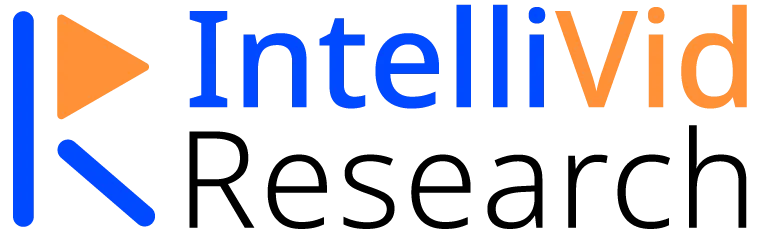 IntelliVid Research logo: a blue K-shaped mark with an orange play triangle, beside the wordmark in blue, orange and black
