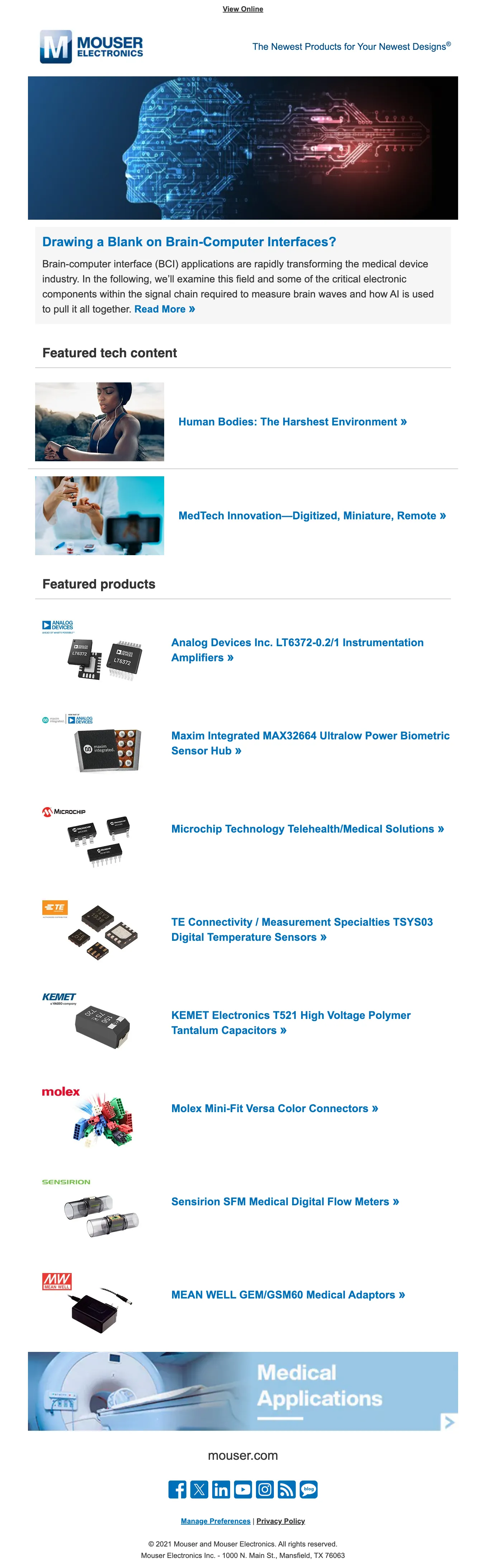 Medical applications newsletter with a brain-computer interface feature and featured products