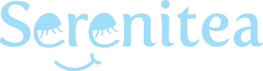 Serenitea wordmark in soft sky blue, with two sleeping jellyfish forming the letters e and a smile beneath