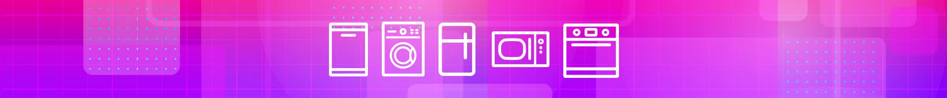 Wide banner with appliance line icons over a gradient grid