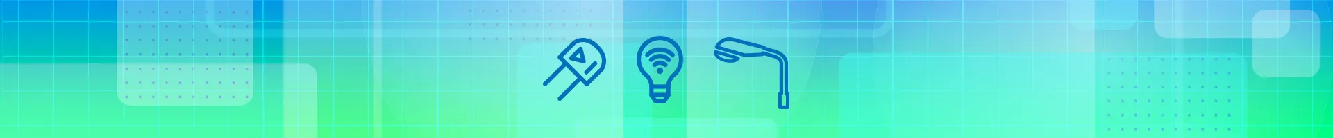 Wide banner with lighting line icons over a gradient grid