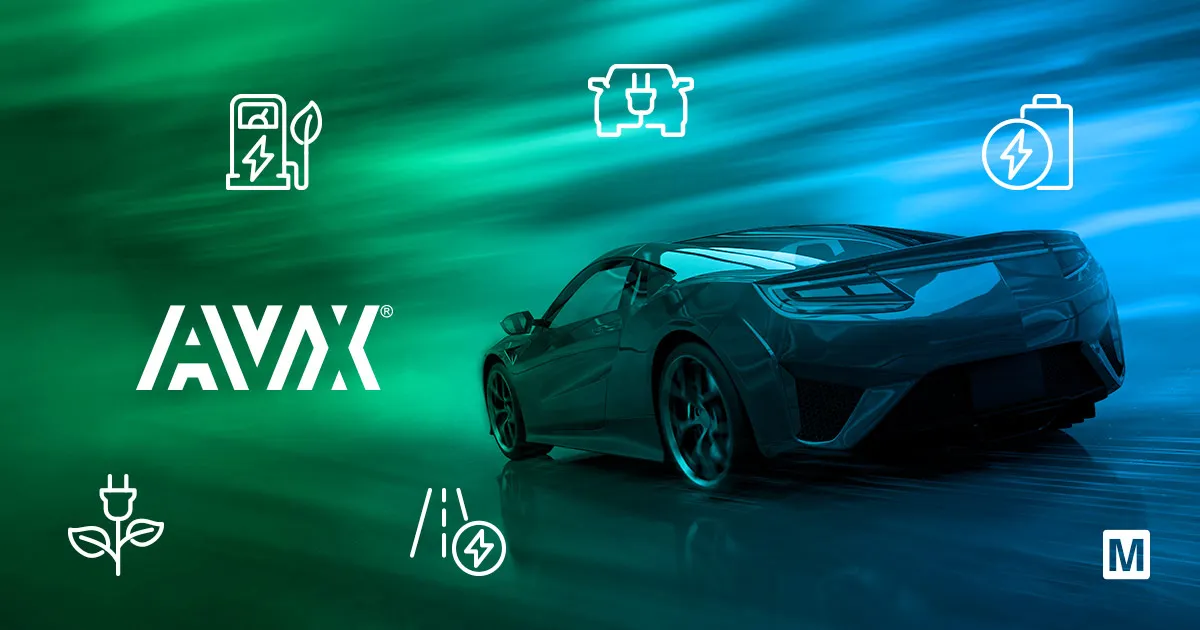 Social graphic with a dark sports car and white automotive icons on a green-to-blue gradient