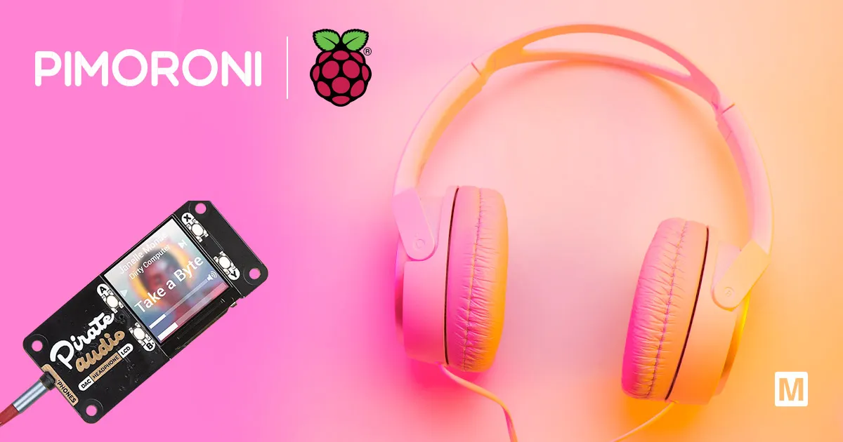 Social graphic with a Pimoroni Pirate Audio board and pink headphones on a pink-to-orange gradient