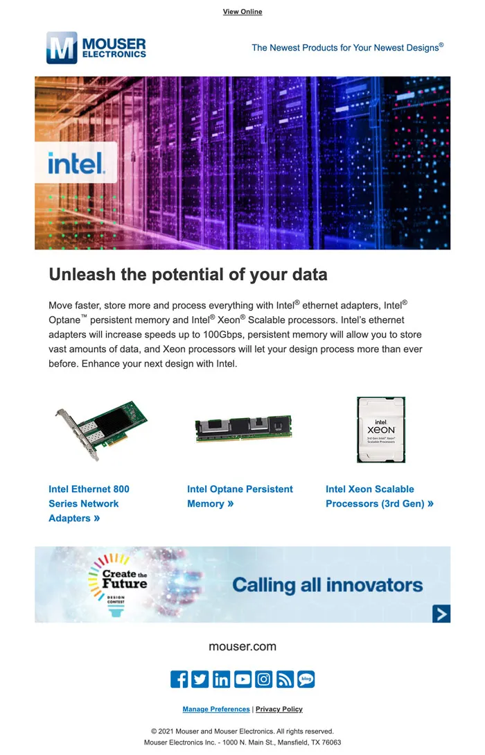 Email with a server-room hero image and three Intel data center products