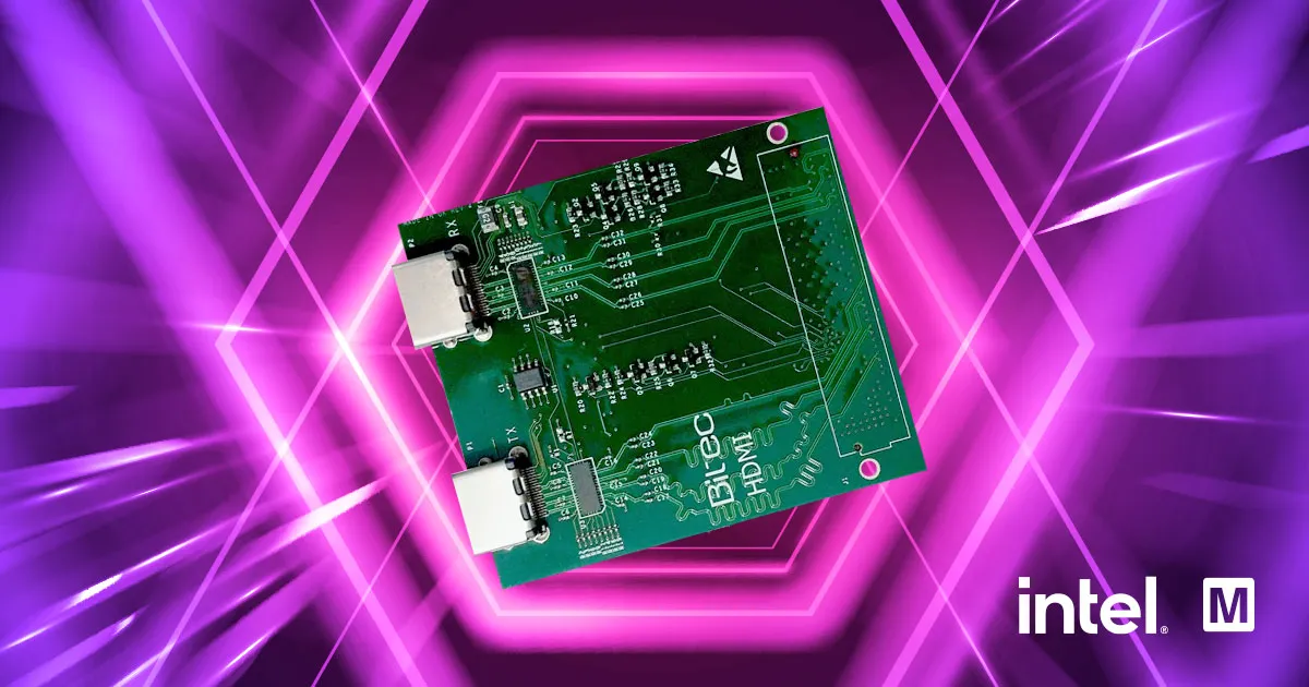 Social graphic with a circuit board over glowing magenta hexagons