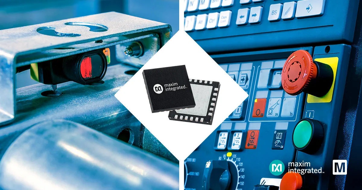 Social graphic with a Maxim Integrated chip over an industrial control panel