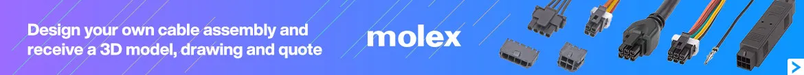Banner inviting engineers to design their own cable assembly, with Molex connectors on a purple-to-blue gradient