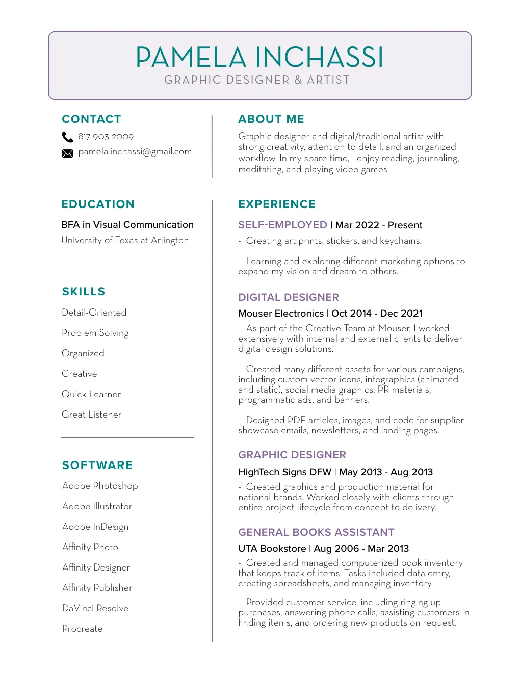First page of Pamela Inchassi's resume