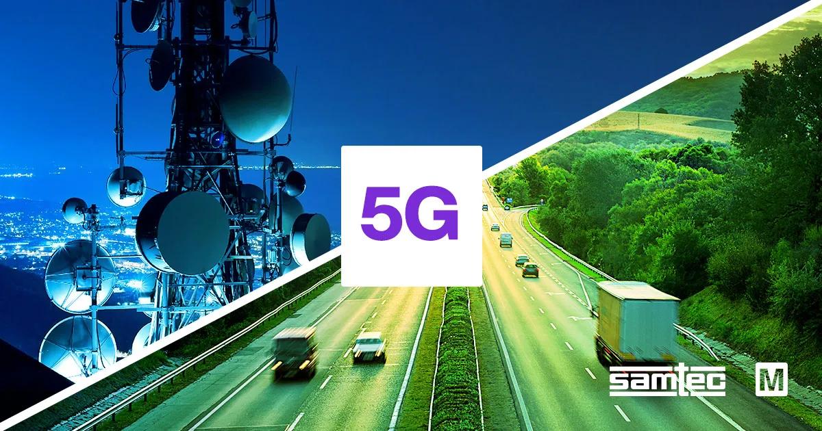 Social graphic split diagonally between a night-time cell tower and a sunlit highway, with a purple 5G badge in the centre